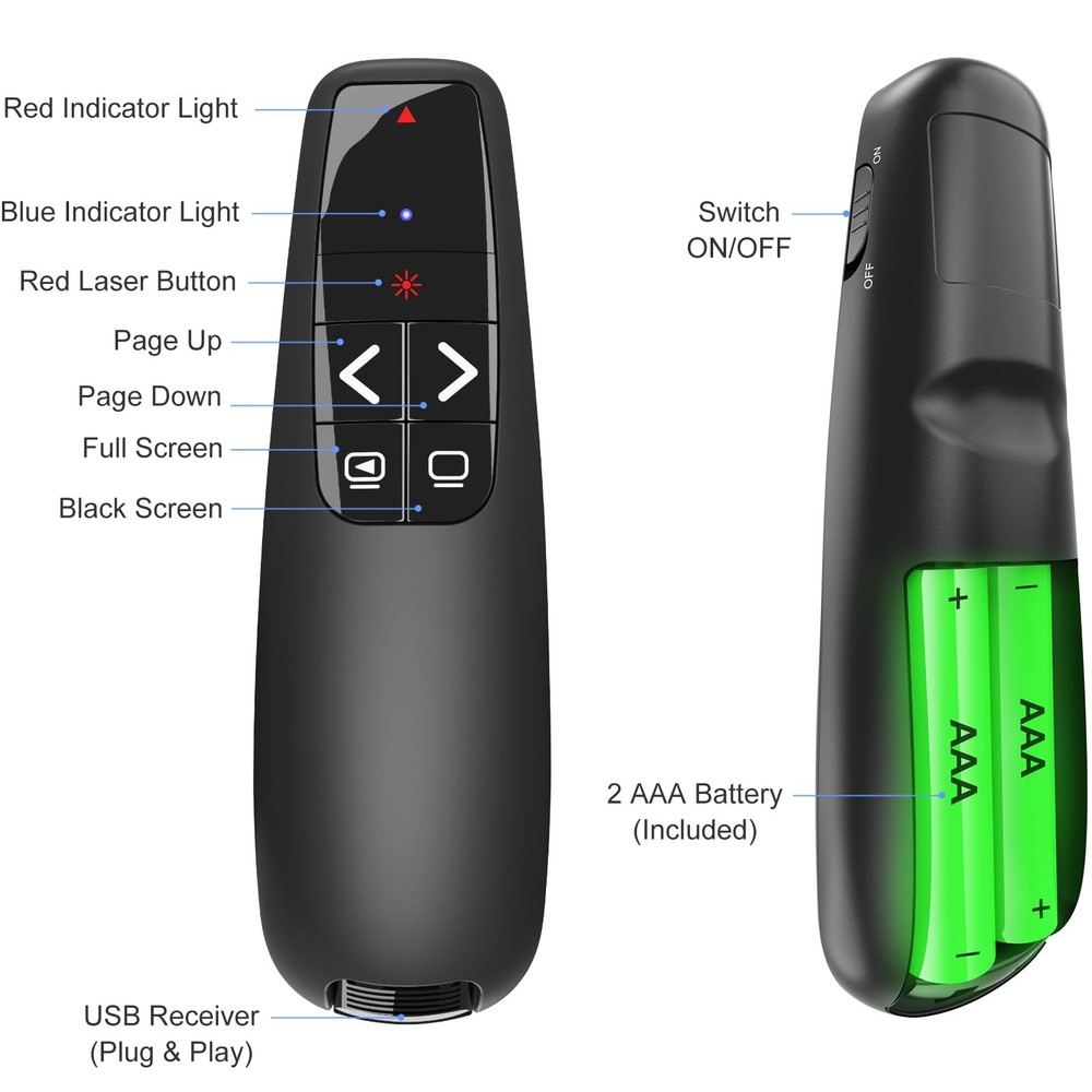 Presentation Clicker with Case Storage: Wireless Presenter Remote: Red Laser ...