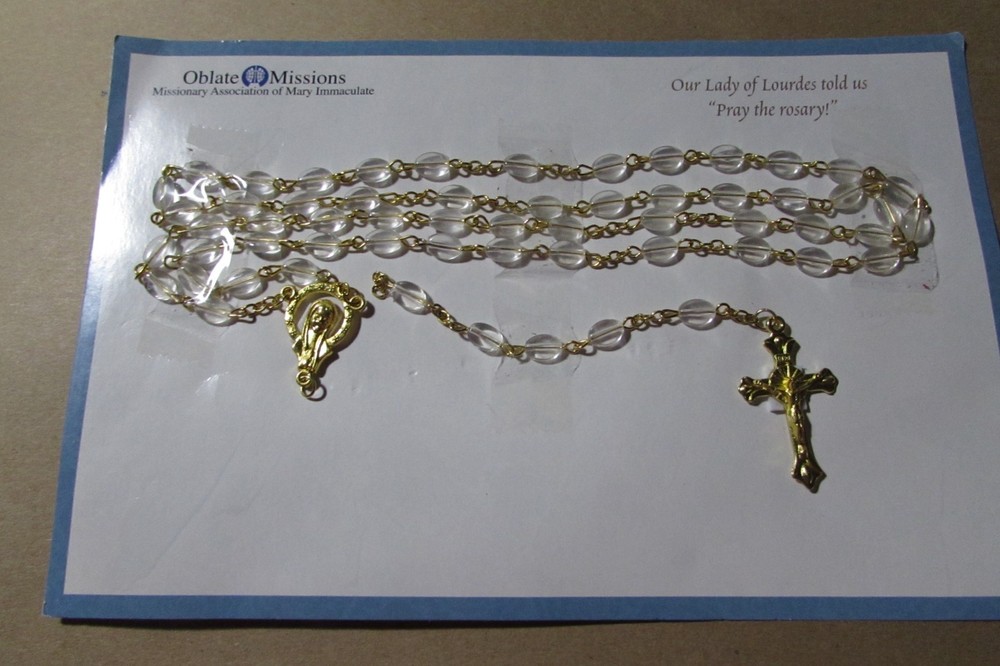 NEW/card goldtone clear bead rosary from Oblate Missions