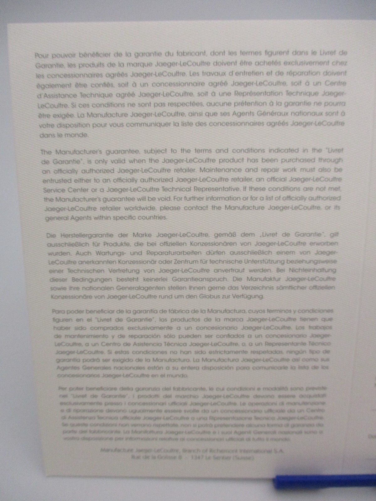 Jaeger LeCoultre Watch Guarantee Certificate Certificat de Garantie Blank Label