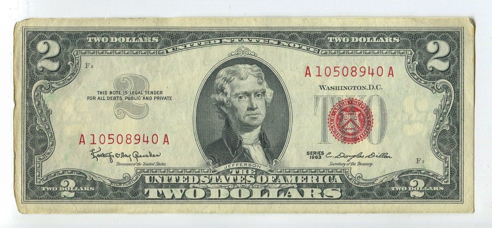 1963 $2 US Note Red Seal AU/UNC SM345
