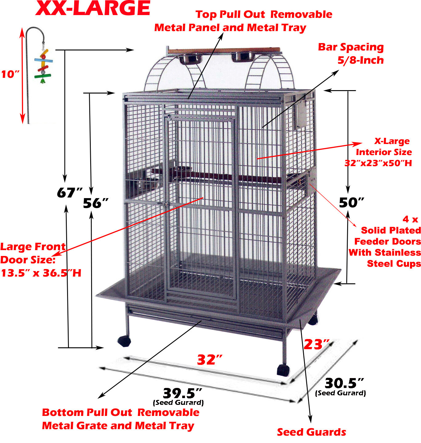 EXTRA LARGE Parrot Cage For Macaw Cockatoo African Grey Amazon 32"W x 23" x 66"H