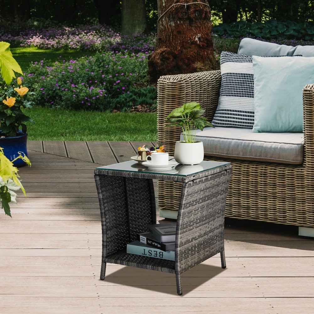 Outdoor Patio Wicker Side Table, Square End Table Bistro Coffee Table
