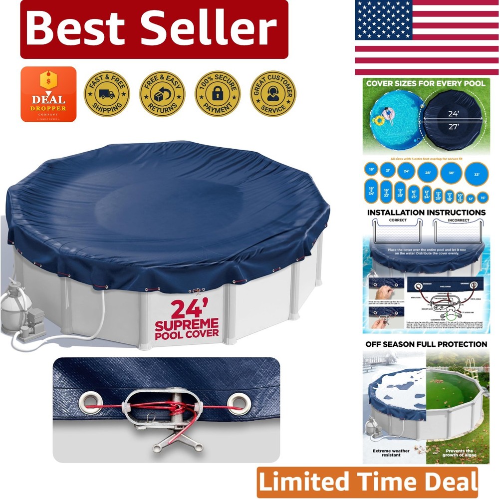 Navy Blue 24 ft Pool Cover with Drawstring for Easy Installation & Security