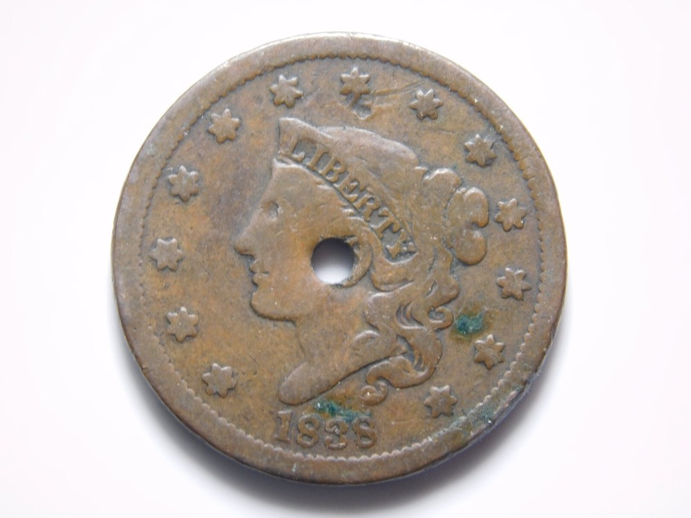 OLD US COIN 1838 CORONET HEAD HOLED LARGE CENT