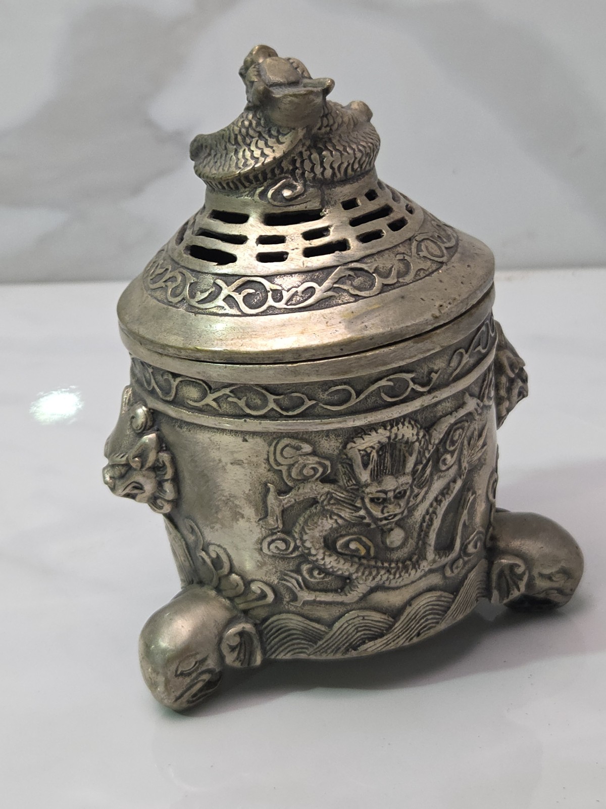 6" Qianlong Marked Copper Silver Dragon Beast Pattern Incense Burner Censer VTG