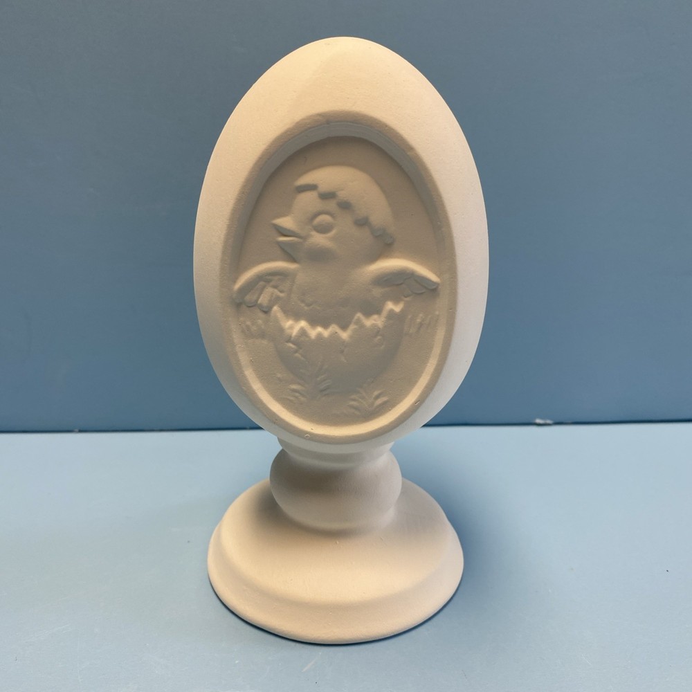 Ceramic Bisque Easter Egg On Pedestal With Baby Chick Ready To Paint