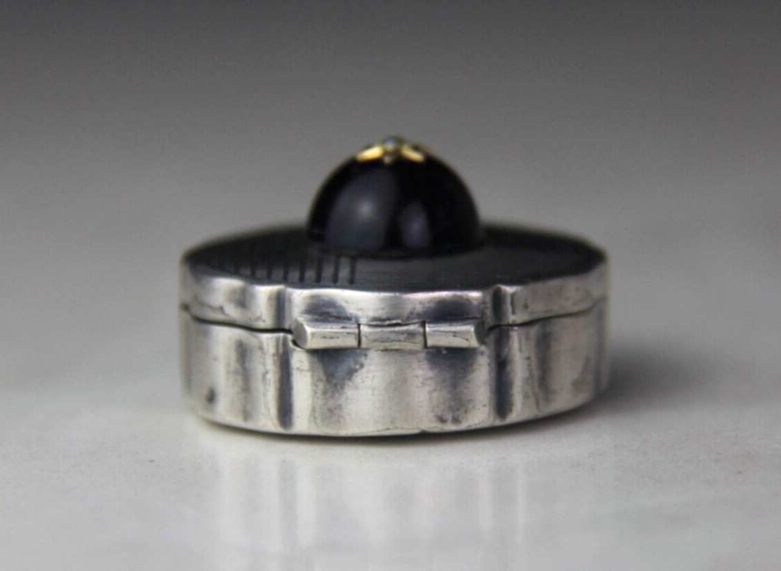 German 800 Silver Round Pill Box w/ Round Amethyst Cabochon & Seed Pearl on Lid