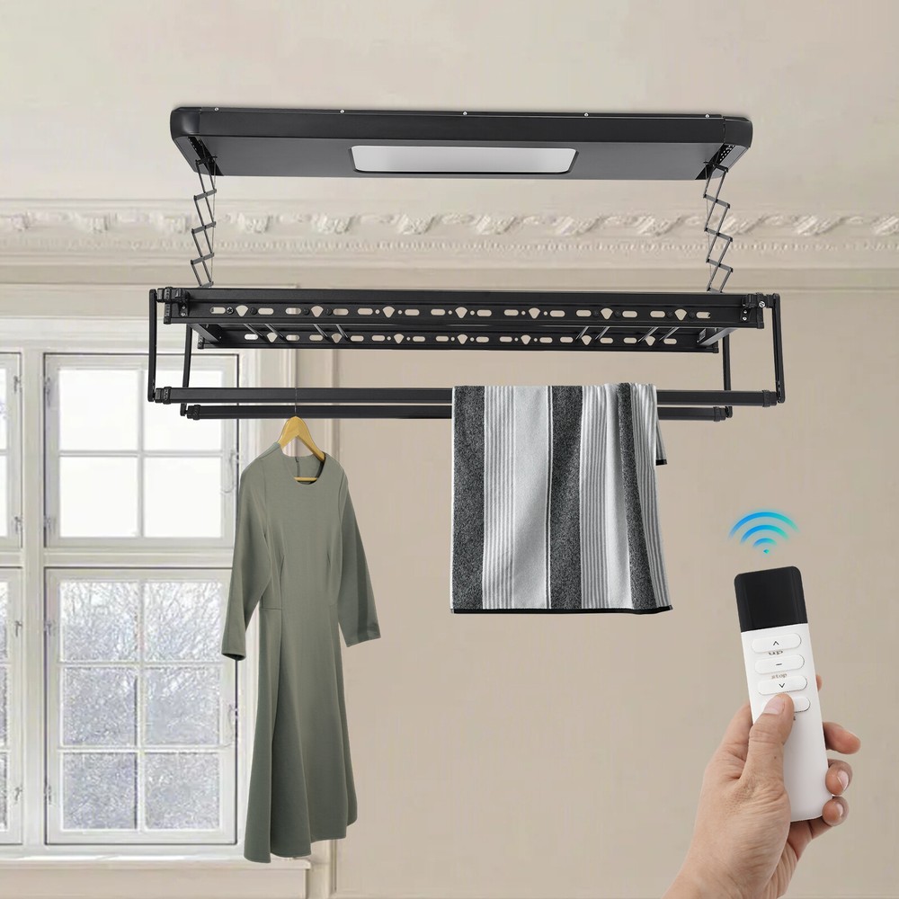 Electric Retractable Airing Rack Clothes Drying Rack W/ Remote Control & Light