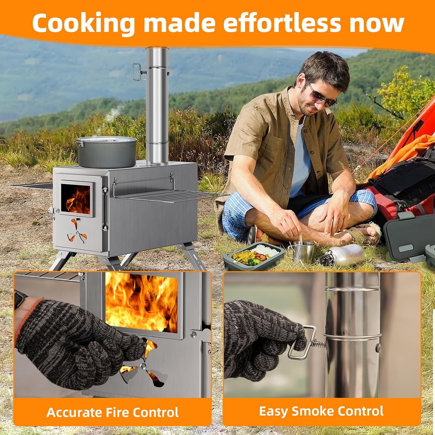 SLSY Portable Wood Stove Camping Hot Tent BBQ Stove 83 in with 7 Chimney Pipes