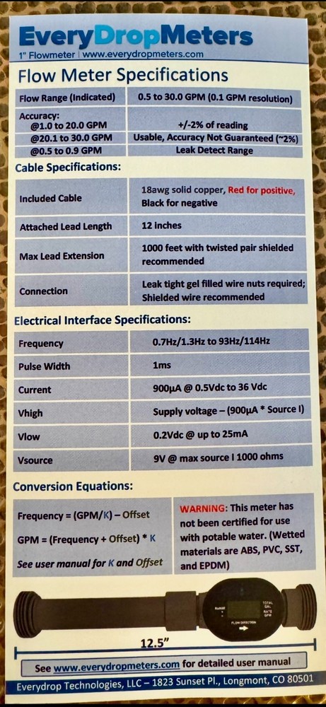 Everydropmeters flowmeter 1" 2 wire with extensions Model 1004-EX