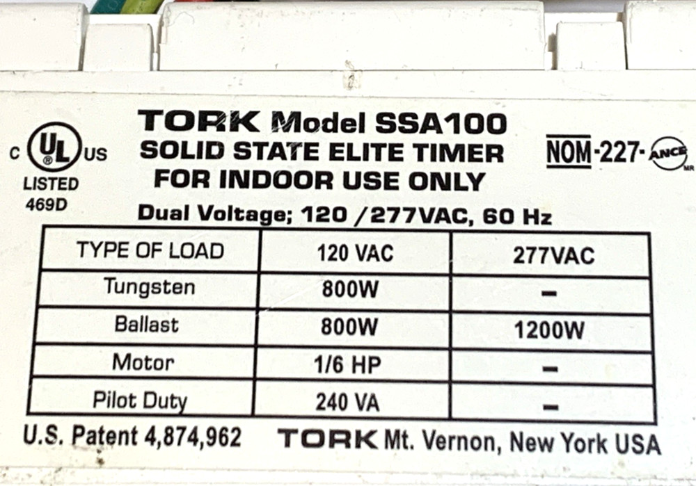 TORK SSA100 In Wall Programmable Electronic Countdown Timer for lights or Motors