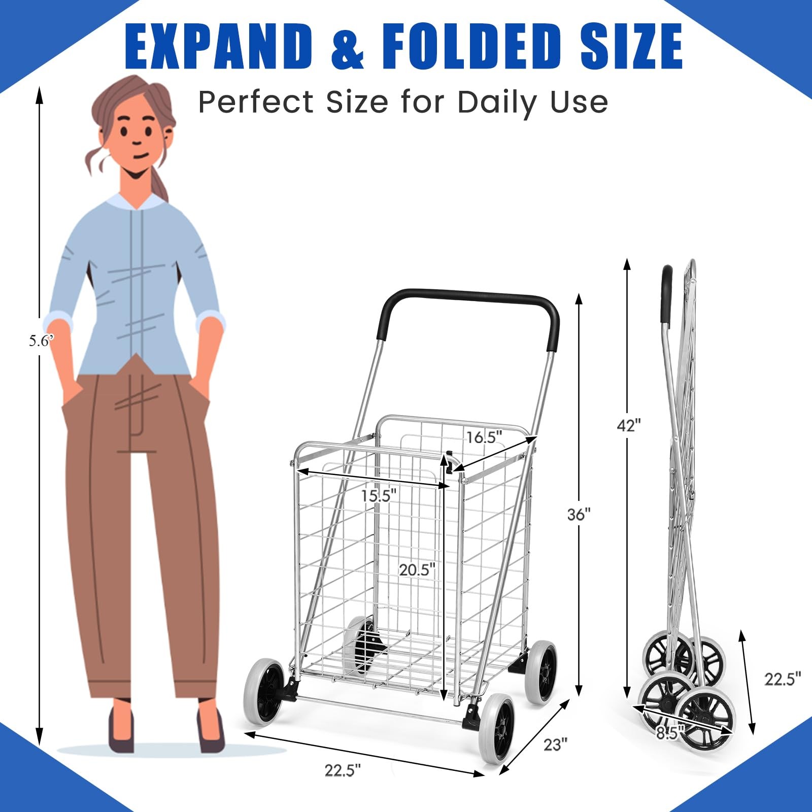 Foldable Heavy Duty Utility Cart Large Wheels Lightweight for Grocery Laundry
