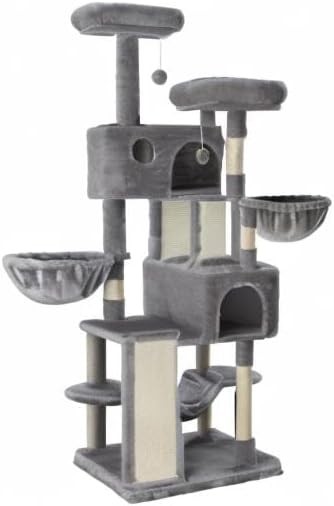Large 65" Cat Tree Tower with Cozy Perches, Scratching Posts & Hammock - Grey