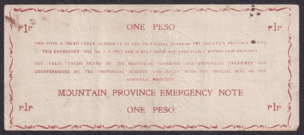 US Philippines MOUNTAIN PROVINCE PNB Emergency WW2 Note SIGNED