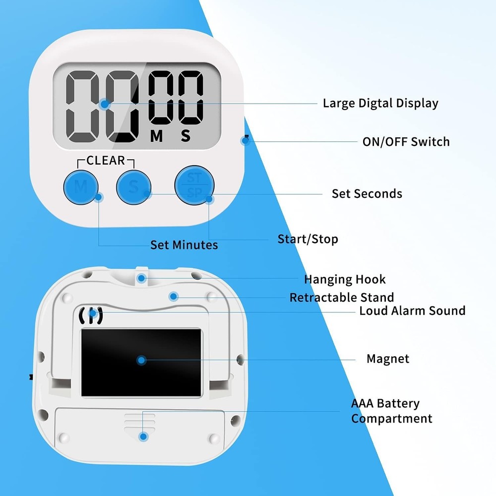 6 Pack Small Digital Kitchen Timer Magnetic Back and ON/Off Switch,Minute Sec...