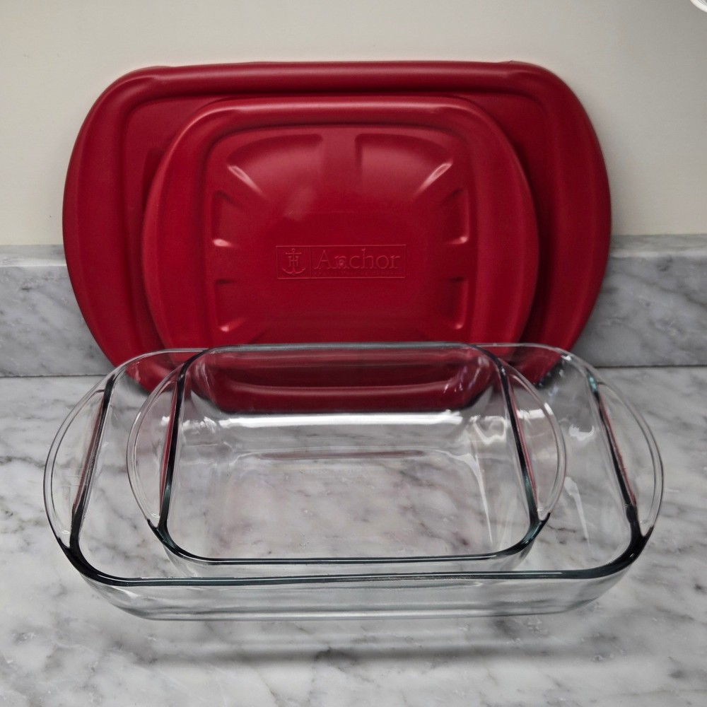 Anchor Hocking Glass Bakeware Set 2 Piece Rectangular Baking Dishes w/ Red Lids