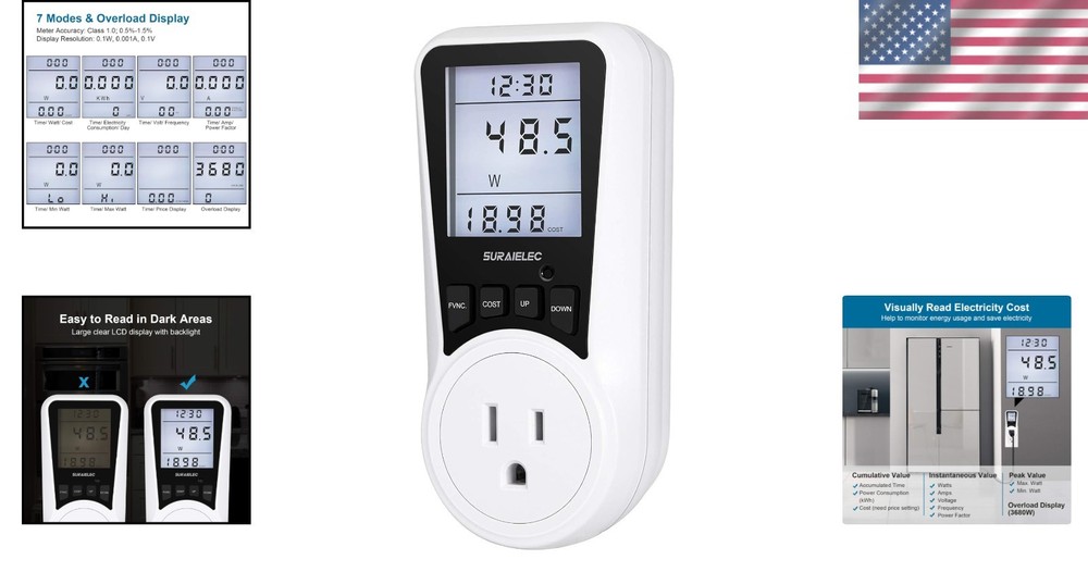 Watt Meter Plug-in Power Meter with Backlit Display & Overload Protection