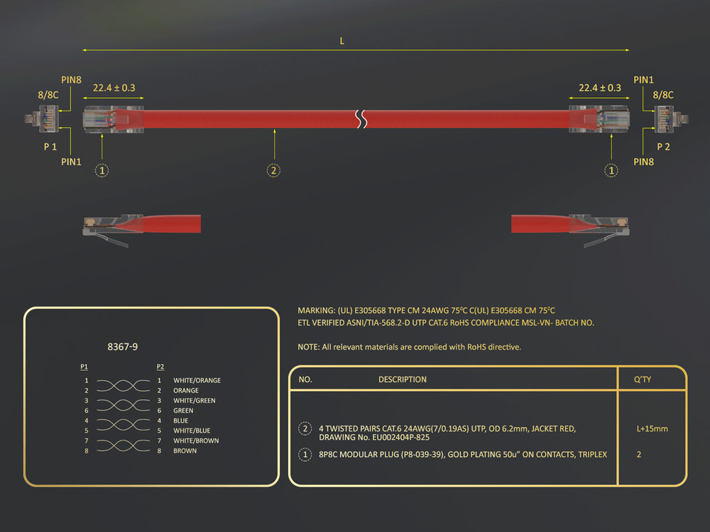 25ft Cat6 UTP Non-Booted Ethernet Network Patch Cable 24AWG Bare Copper, Red