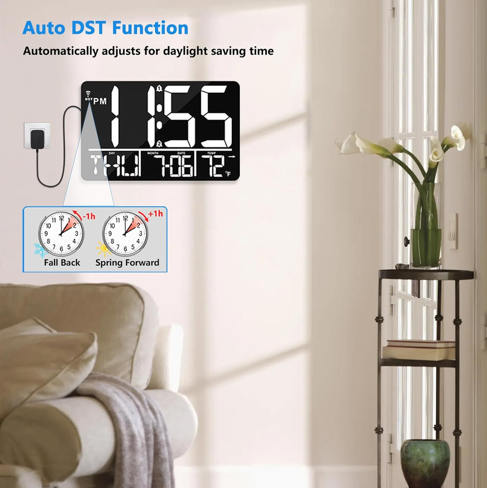 13" Bluetooth Auto Sync Wall Clock - Large Digital Alarm Clock with Remote, 25 R