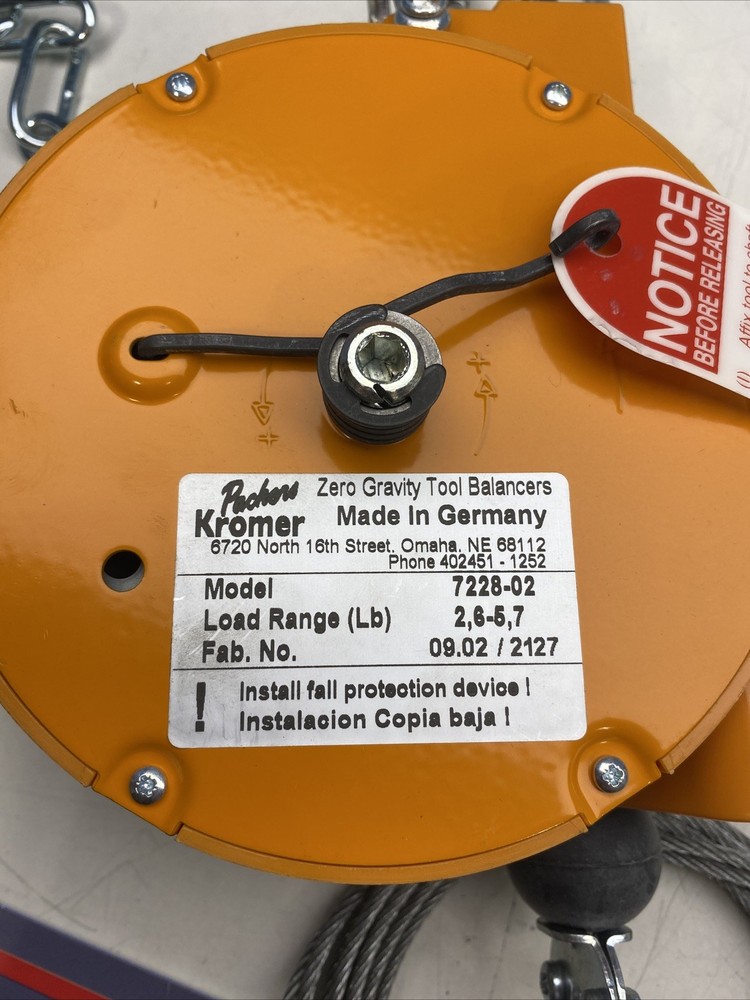 PACKERS KROMER 7228-02 Zero Gravity Tool Balancer Load Range 2.6 - 5.7 lbs