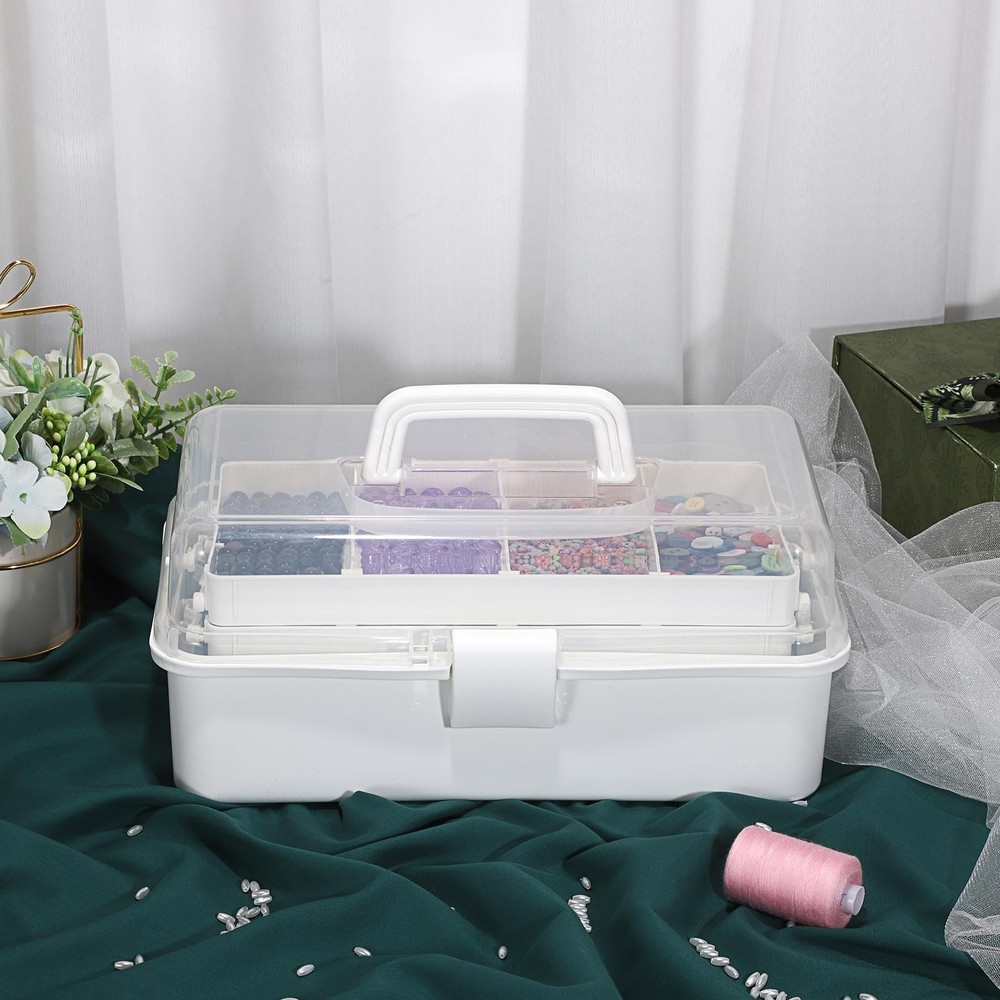 BTSKY 3-Layer Plastic Dividing Storage Box Craft Organizer with Beige White