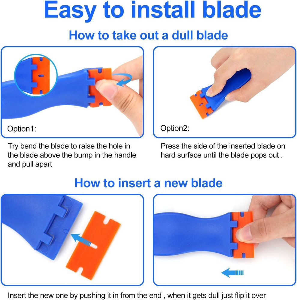 4 Pcs Plastic Razor Blade Scraper and 100 Blades, Remove Label Decal Blue