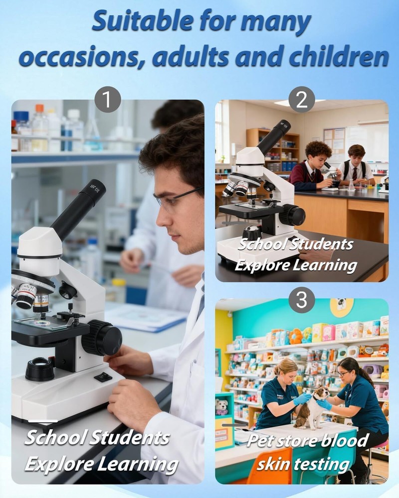 Compound Microscope, 2000x Magnification, with Smartphone Adapter, Slide Set, Du