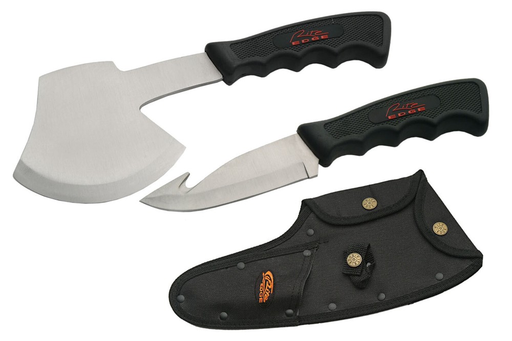 CAMPING KNIFE + AXE SET | 2-Pc Gut Hook Hunter Fixed-Blade Hatchet Black Rubber
