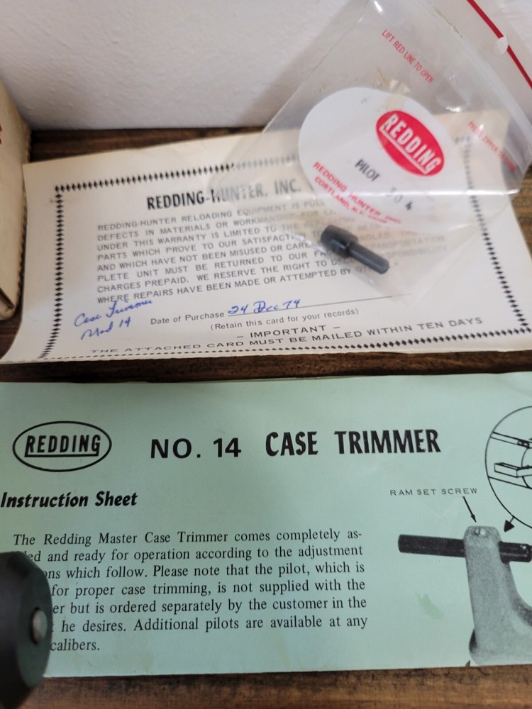 Vtg Redding Model 14 Master Case Trimmer w/ Original Box Papers Pilots Reloading