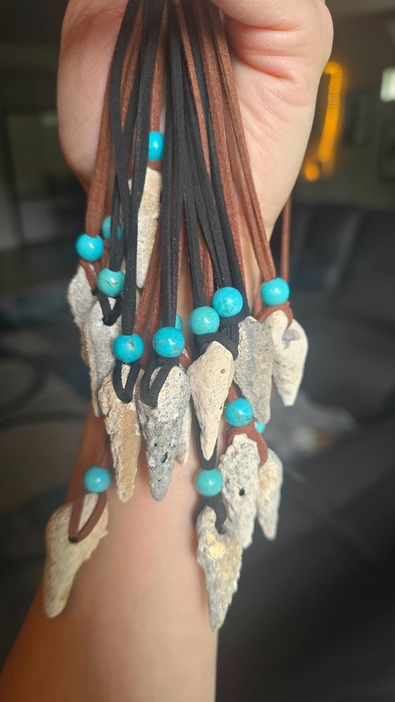Fossil shell necklaces with turquoise gemstone bead