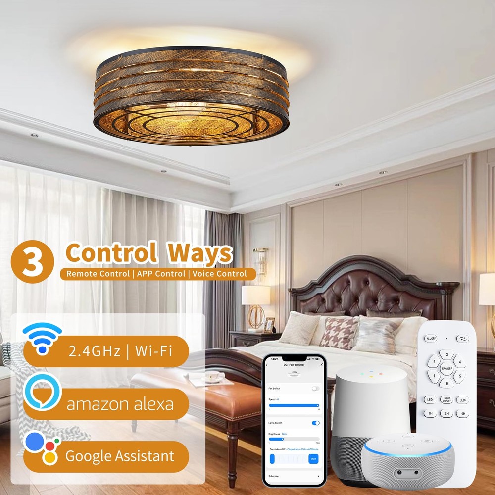 20'' Flush-Mount Smart Ceiling Fan with Dimmable-Light and Memory Remote APP/...