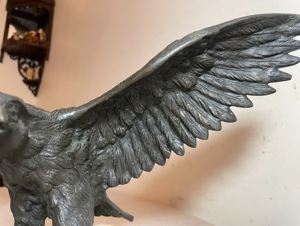 antique solid bronze marble open winged American bald eagle statue sculpture