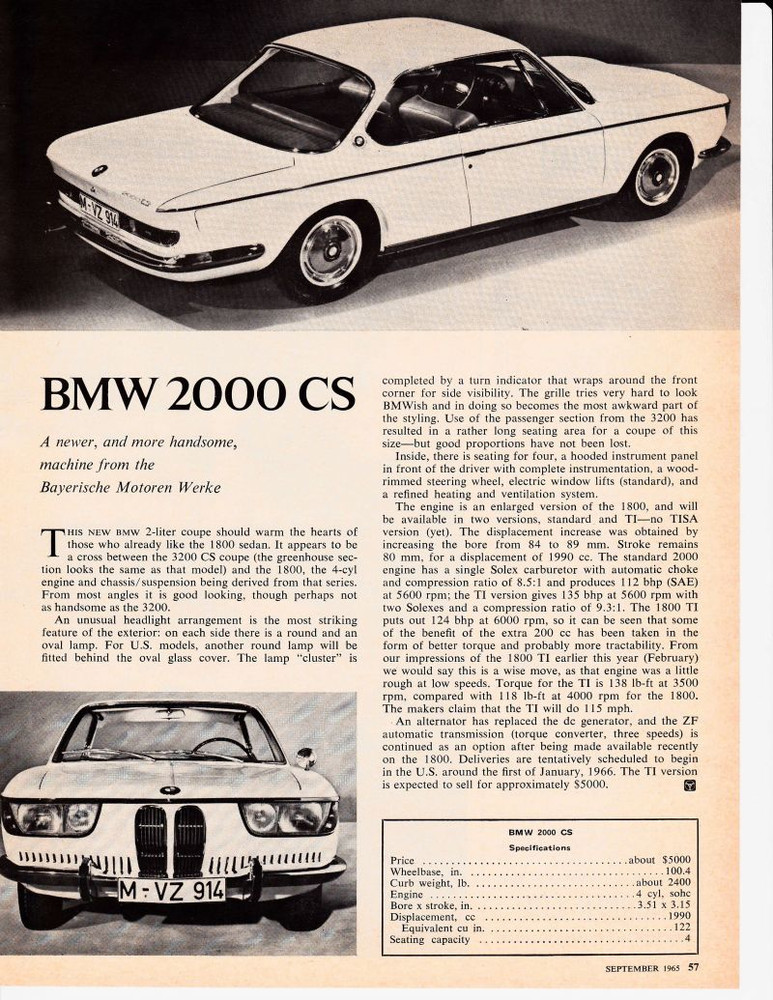 1966 BMW 2000 CS ~ ORIGINAL SINGLE PAGE ARTICLE / AD