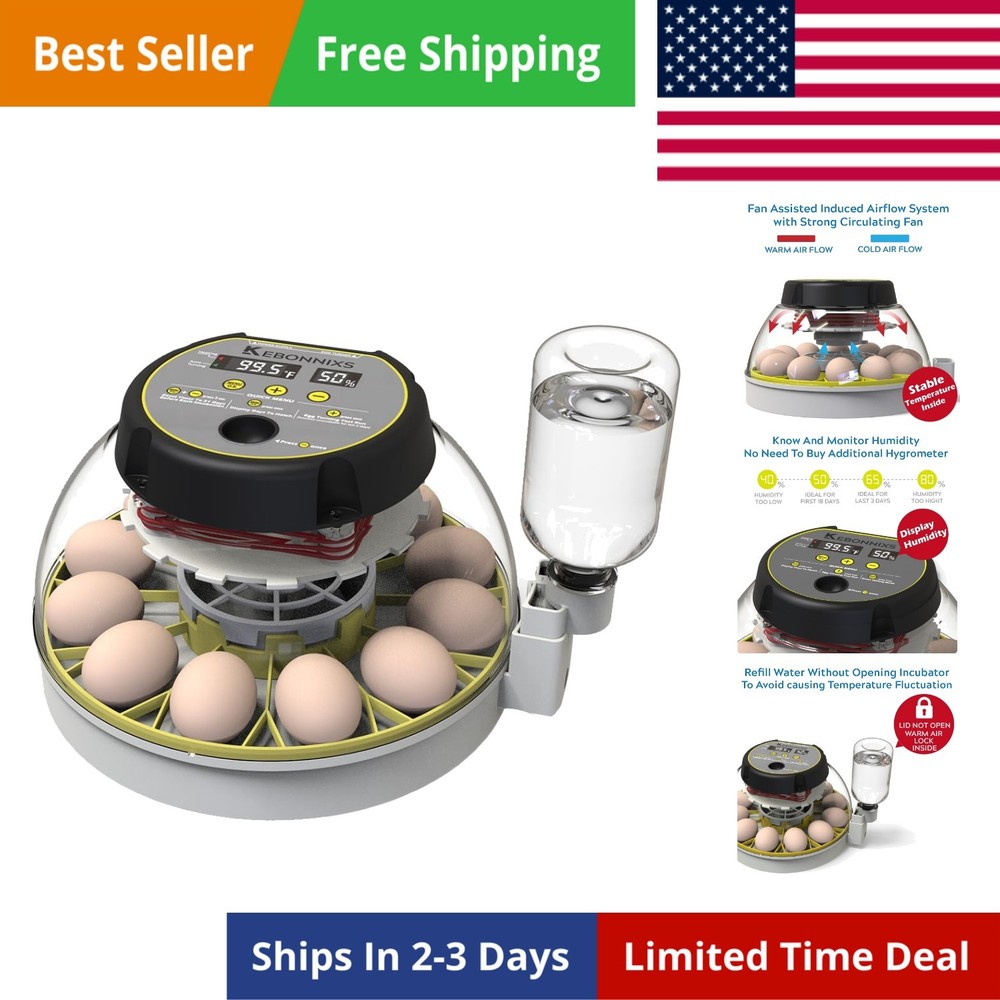 12 Egg Incubator with Humidity Display, Egg Candler, Automatic Egg Turner, fo...
