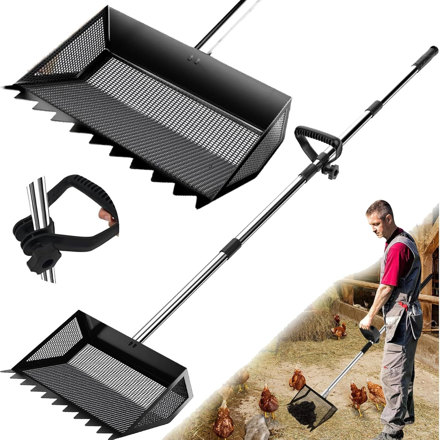 12" Metal Chicken Poop Scooper Rake for Sand with 24 to 68" Handle, Adjustable C