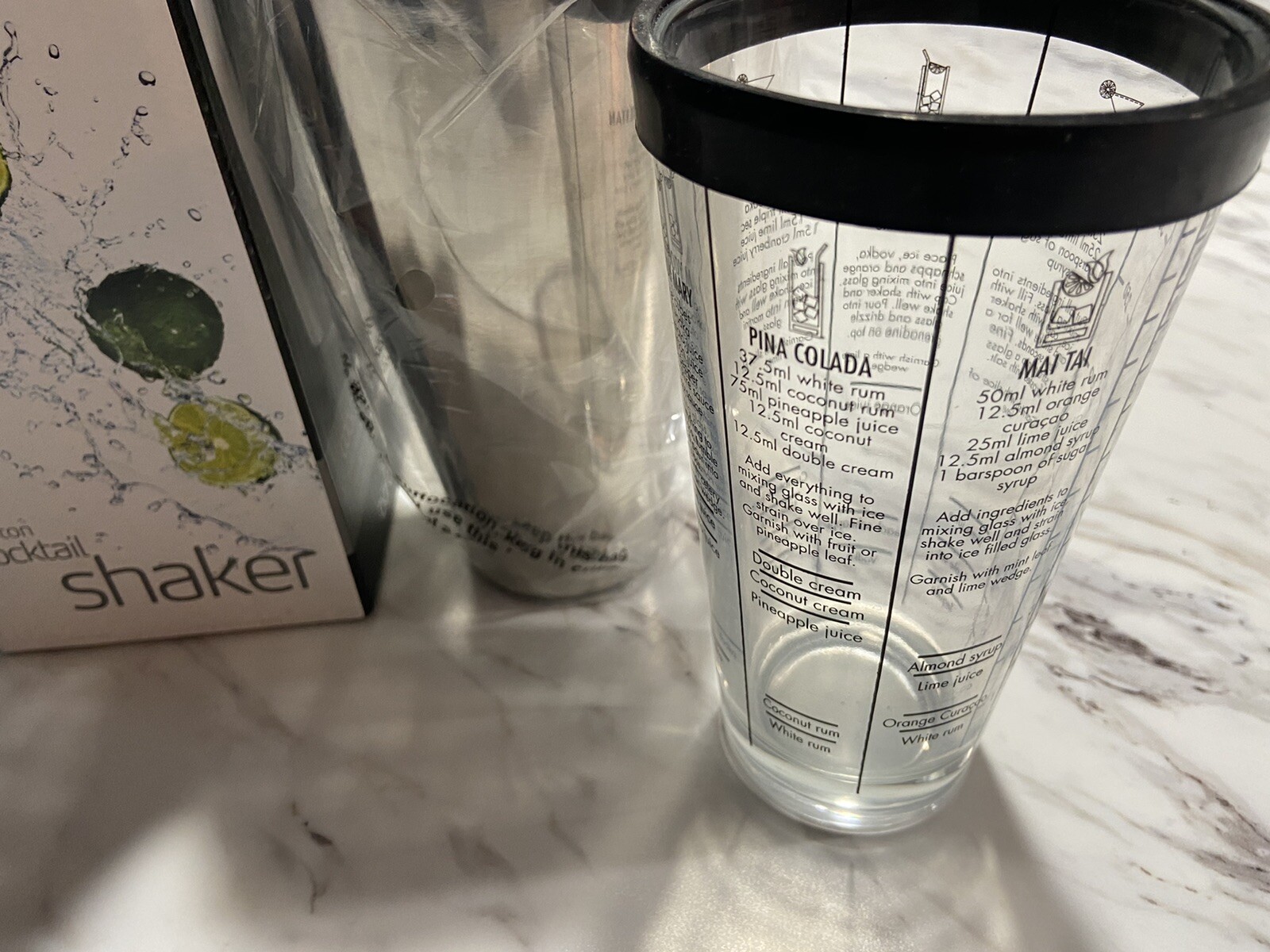 NEW!! BOSTON COCKTAIL SHAKER Stainless Steel And Glass W/Drink Recipes