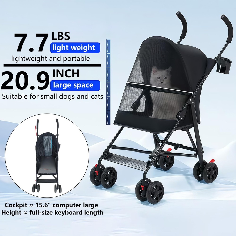 Pet Stroller with Mesh Ventilation, Lightweight Foldable Design, Cup Holder, ...