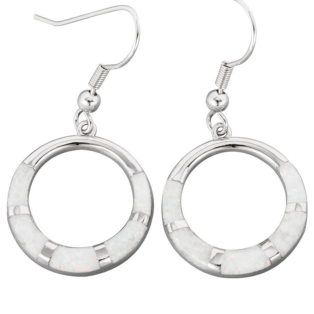 Circular Ring Shape White Fire Opal Silver Jewelry Dangle Drop Earrings