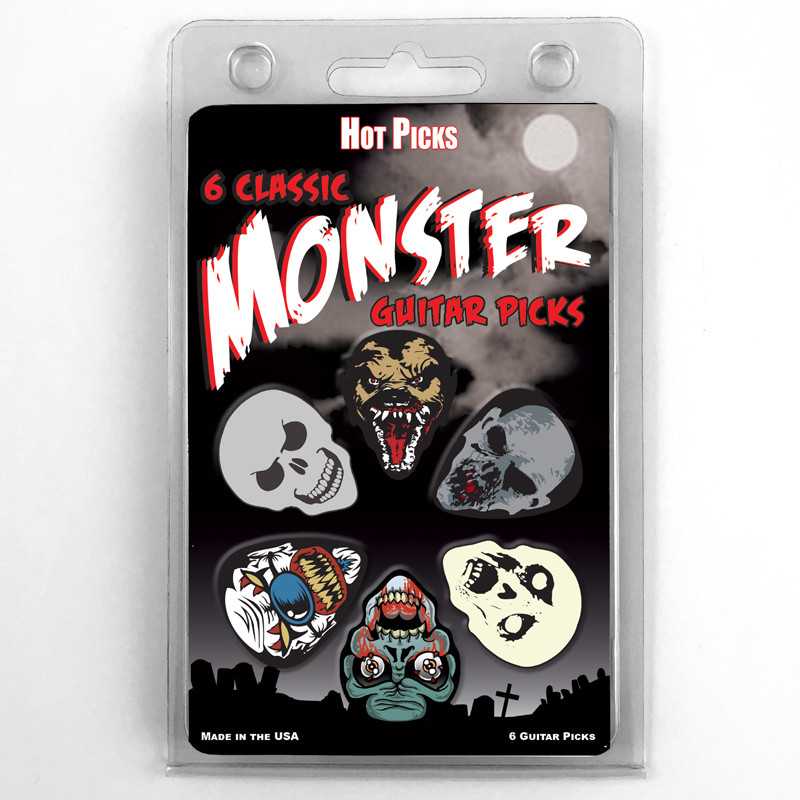 Hot Picks "MONSTER" Guitar 6 Pick Pack, Heavy, Clamshell Pics Skulls