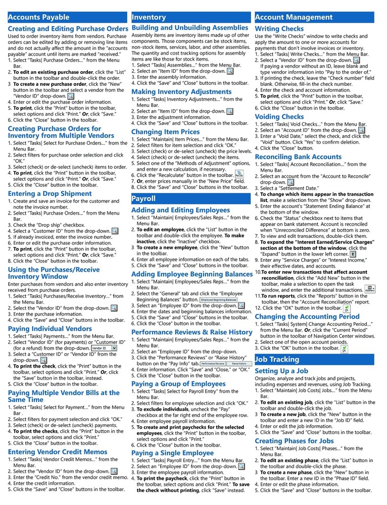 Sage 50 Training Guide Quick Reference Card 4 Page Cheat Sheet Instructions