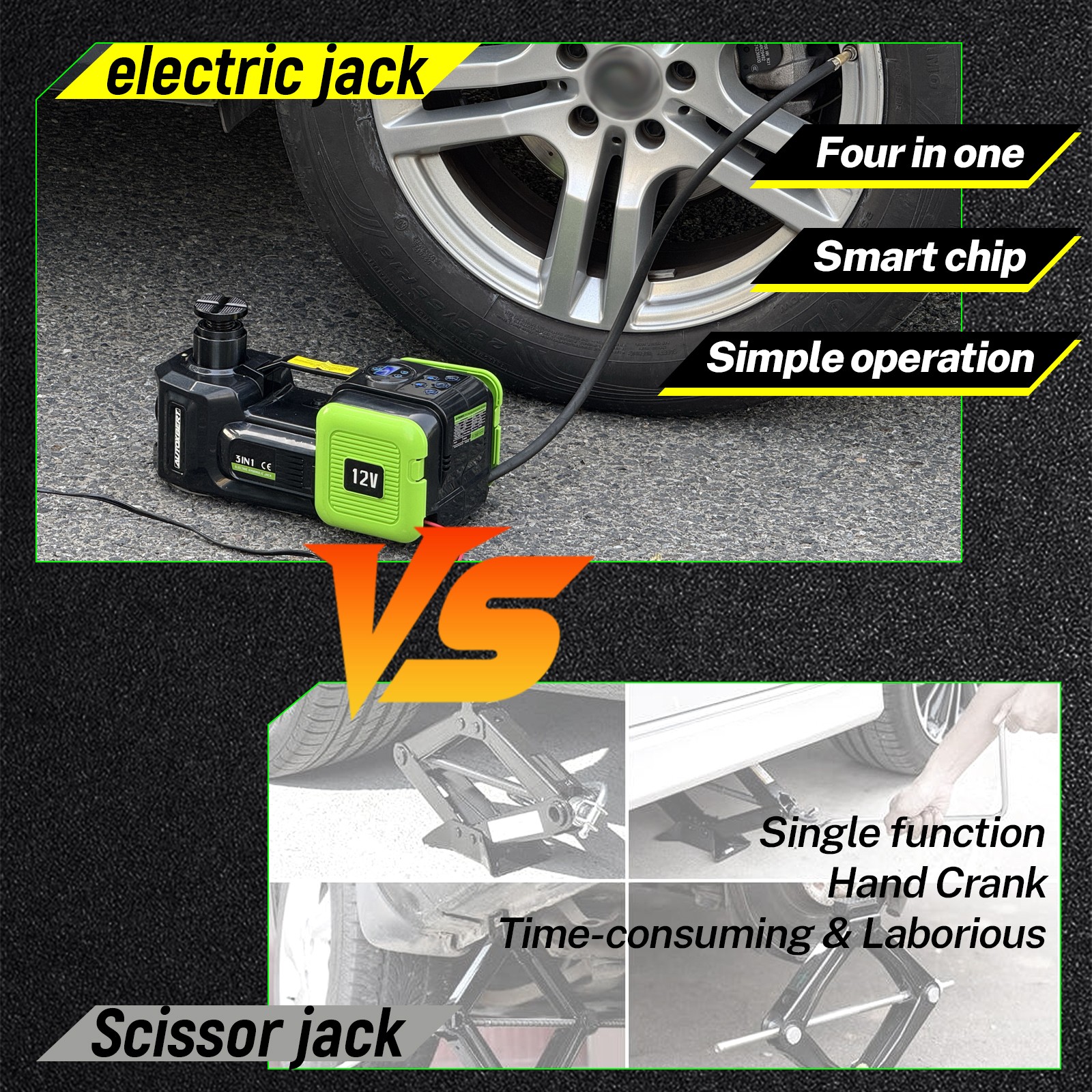 Electric Hydraulic Floor Jack 5 Ton 12V w/ Tire Inflator Air Pump Repair Kit Car