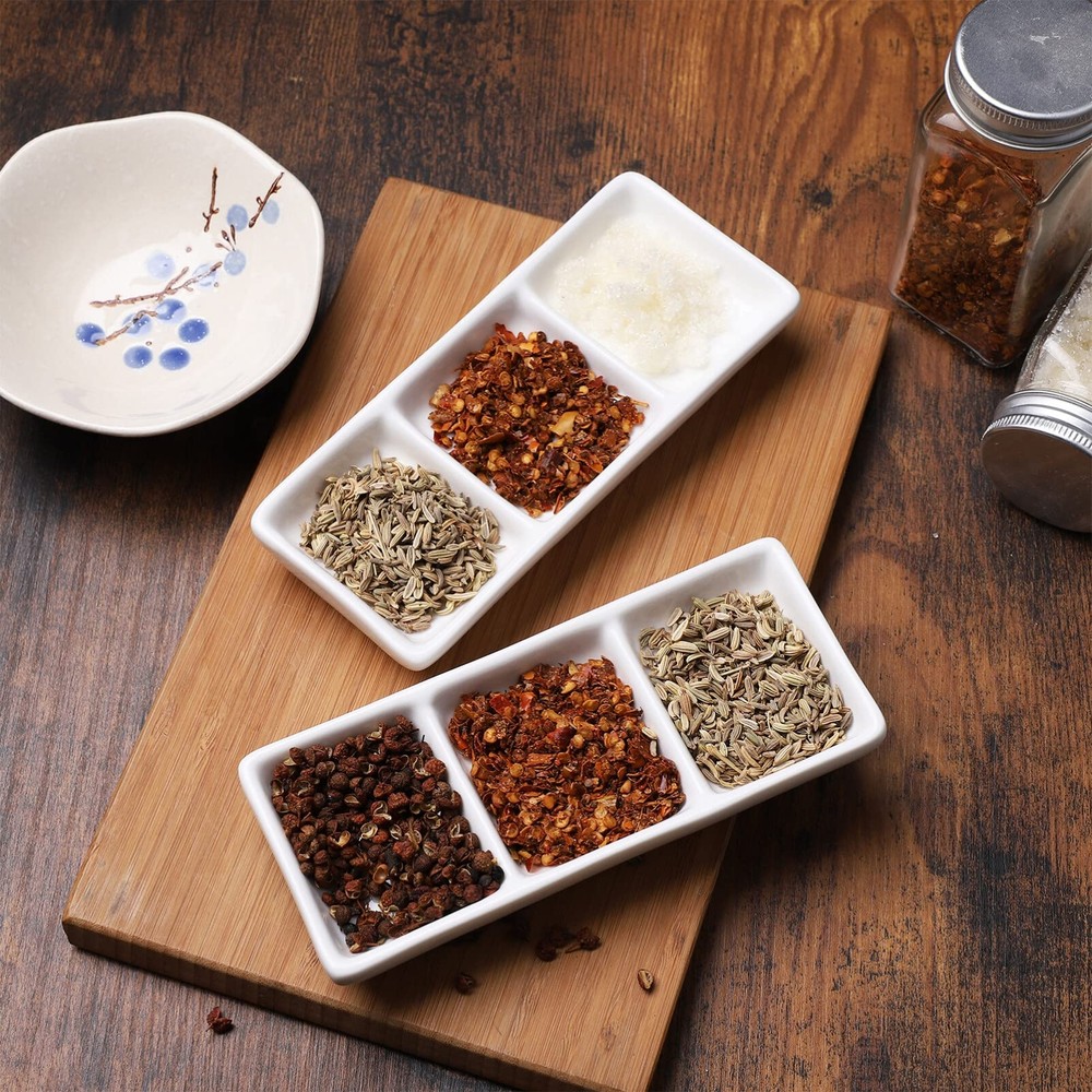 6 Inch White Ceramic Serving Tray 3 Compartment Appetizer Platters Rectangula...