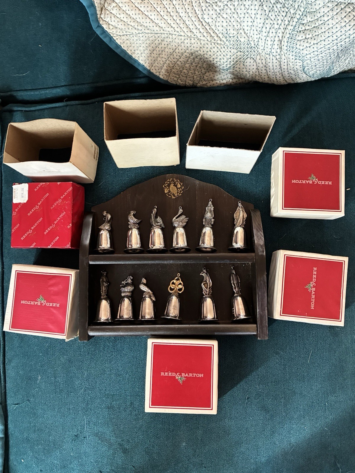 Reed & Barton Twelve Days of Christmas Silverplate Bell Set W/ Shelf Complete