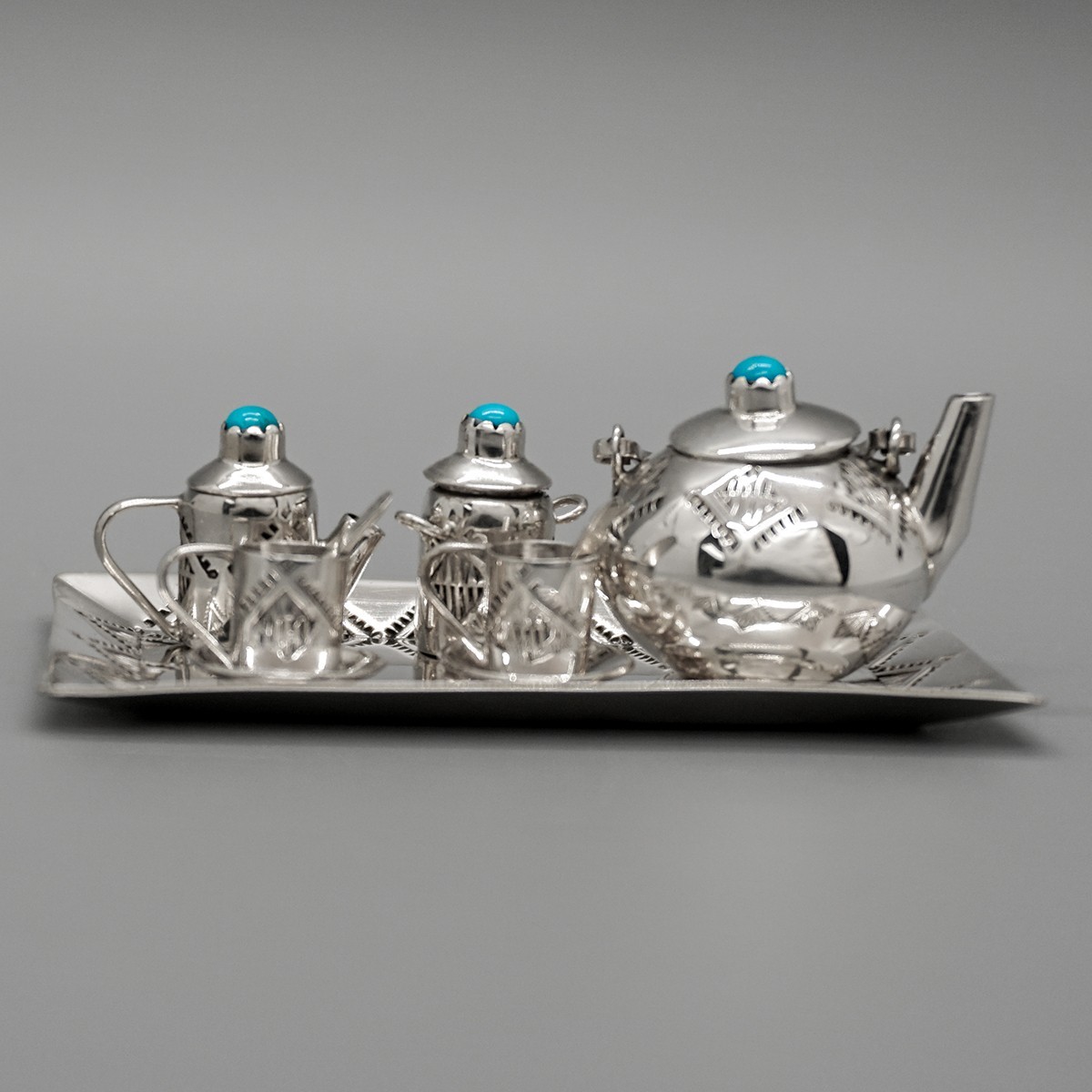 TEN PIECE MINIATURE TEA SET STERLING with TURQUOISE by WESLEY WHITMAN–NAVAJO