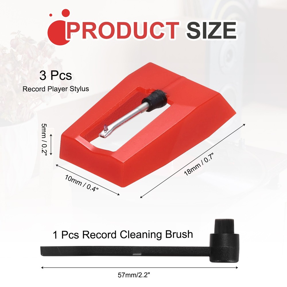 3 Pack Record Player Needle, Replacement Record Needle with Cleaning Brush, Red
