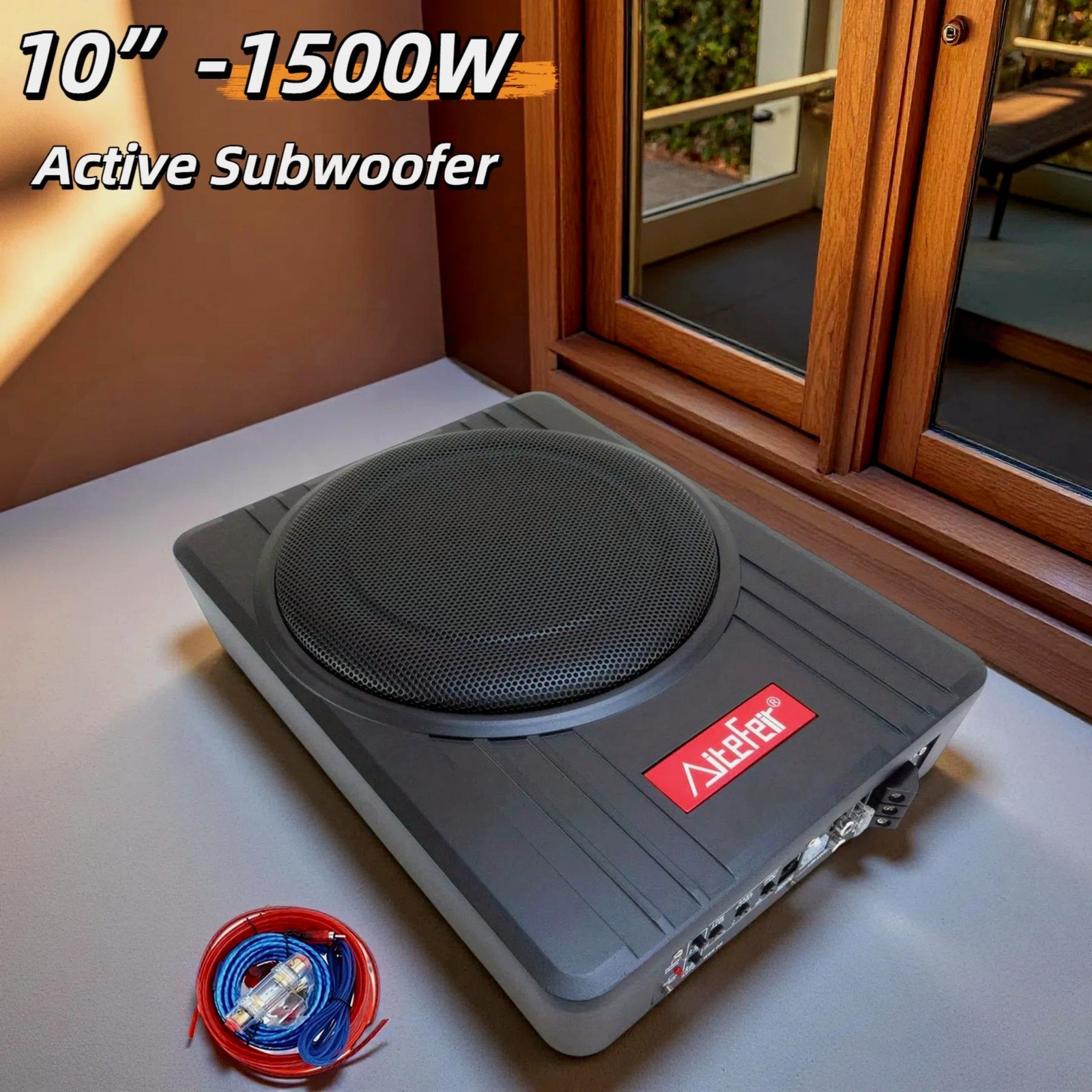 10" 1500W Car Subwoofer - Ultra-Slim Under-Seat, Built-in Amp, Enclosed