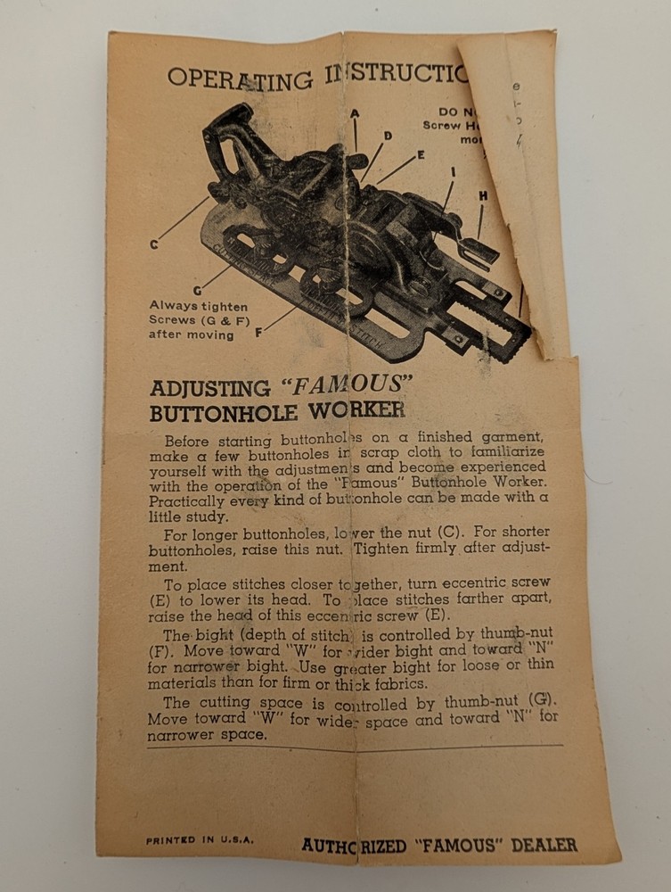 Vintage Famous Buttonhole Worker Machine Attachment - ?Model C? - Singer Machine