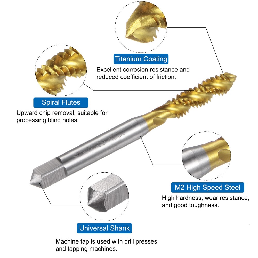 3pcs Spiral Flute Thread Taps 1/4-20 UNC H2 Ti-Coated Screw Threading Tapping