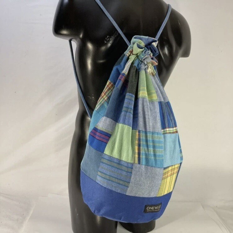 One-Way Kikoy Patchwork Drawstring Backpack Cinch Sack Waterproof Handmade