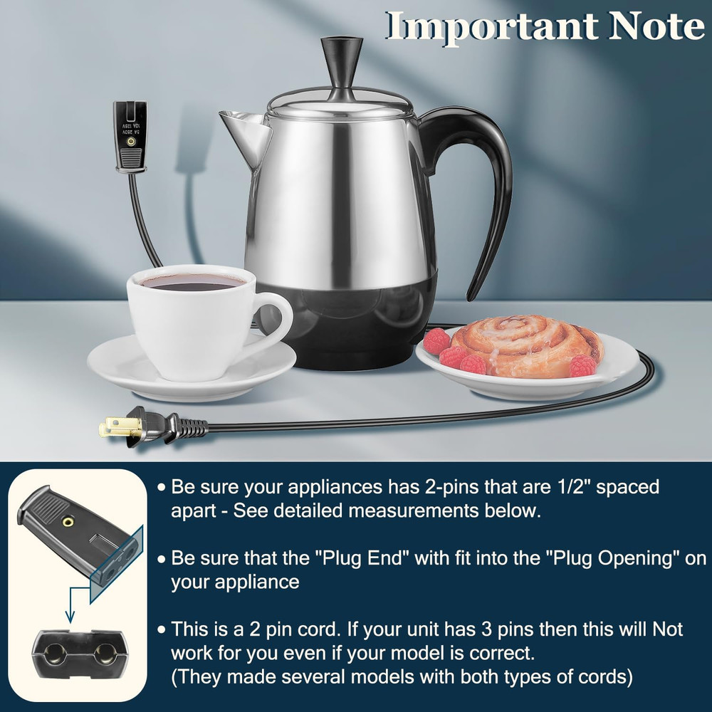 Coffee Percolator Power Cord Black 3ft Length